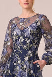 Navy Embroidered Illusion Neck Mother of the Bride Dress with Long Sleeves
