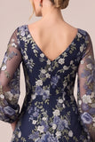 Navy Embroidered Illusion Neck Mother of the Bride Dress with Long Sleeves