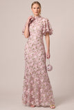 Dusty Rose Mermaid High Neck Floral Sequin Wedding Guest Dress with Flutter Sleeves