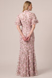 Dusty Rose Mermaid High Neck Floral Sequin Wedding Guest Dress with Flutter Sleeves