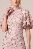Dusty Rose Mermaid High Neck Floral Sequin Wedding Guest Dress with Flutter Sleeves