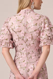 Dusty Rose Mermaid High Neck Floral Sequin Wedding Guest Dress with Flutter Sleeves