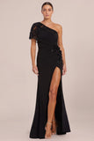 One Shoulder Sequin Mermaid Black Long Formal Dress with Slit