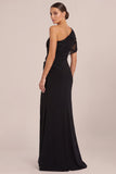 One Shoulder Sequin Mermaid Black Long Formal Dress with Slit
