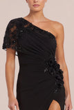 One Shoulder Sequin Mermaid Black Long Formal Dress with Slit
