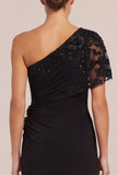 One Shoulder Sequin Mermaid Black Long Formal Dress with Slit