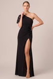 One Shoulder Sequin Mermaid Black Long Formal Dress with Slit