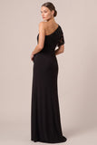 One Shoulder Sequin Mermaid Black Long Formal Dress with Slit