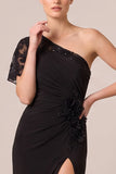 One Shoulder Sequin Mermaid Black Long Formal Dress with Slit