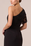 One Shoulder Sequin Mermaid Black Long Formal Dress with Slit