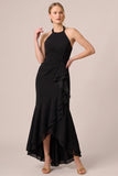Halter Black Mermaid Ruffled High-Low Formal Dress with Sash