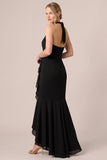 Halter Black Mermaid Ruffled High-Low Formal Dress with Sash