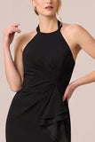 Halter Black Mermaid Ruffled High-Low Formal Dress with Sash