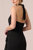 Halter Black Mermaid Ruffled High-Low Formal Dress with Sash