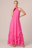 Fuchsia Halter Ruffled A Line Long Wedding Guest Dress
