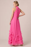 Fuchsia Halter Ruffled A Line Long Wedding Guest Dress