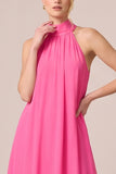Fuchsia Halter Ruffled A Line Long Wedding Guest Dress