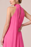 Fuchsia Halter Ruffled A Line Long Wedding Guest Dress