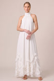 Fuchsia Halter Ruffled A Line Long Wedding Guest Dress