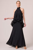 Light Blue Halter A Line Chiffon Long Wedding Guest Dress with 3D Flowers