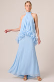 Light Blue Halter A Line Chiffon Long Wedding Guest Dress with 3D Flowers