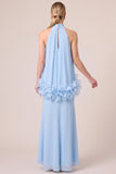 Light Blue Halter A Line Chiffon Long Wedding Guest Dress with 3D Flowers