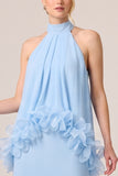 Light Blue Halter A Line Chiffon Long Wedding Guest Dress with 3D Flowers