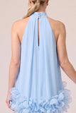 Light Blue Halter A Line Chiffon Long Wedding Guest Dress with 3D Flowers