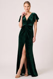 Dark Green Velvet V-Neck Ruched Bridesmaid Dress with Slit