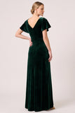 Dark Green Velvet V-Neck Ruched Bridesmaid Dress with Slit