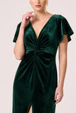 Dark Green Velvet V-Neck Ruched Bridesmaid Dress with Slit