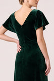 Dark Green Velvet V-Neck Ruched Bridesmaid Dress with Slit