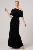 Black Velvet Ruched Asymmetrical Neck Long Formal Dress