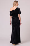 Black Velvet Ruched Asymmetrical Neck Long Formal Dress