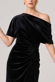 Black Velvet Ruched Asymmetrical Neck Long Formal Dress