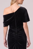 Black Velvet Ruched Asymmetrical Neck Long Formal Dress