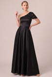 One Shoulder Black Satin A Line Formal Dress with Sequins