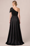 One Shoulder Black Satin A Line Formal Dress with Sequins
