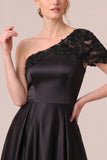 One Shoulder Black Satin A Line Formal Dress with Sequins