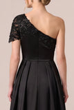 One Shoulder Black Satin A Line Formal Dress with Sequins