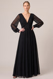 Black V-Neck A Line Sequin Long Sleeve Formal Dress