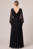 Black V-Neck A Line Sequin Long Sleeve Formal Dress