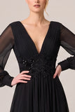 Black V-Neck A Line Sequin Long Sleeve Formal Dress