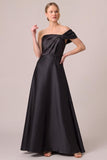 Black One Shoulder Satin Ruched A Line Formal Dress