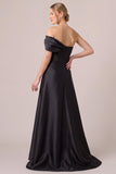 Black One Shoulder Satin Ruched A Line Formal Dress