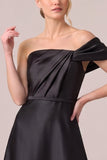 Black One Shoulder Satin Ruched A Line Formal Dress
