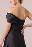 Black One Shoulder Satin Ruched A Line Formal Dress