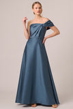 Black One Shoulder Satin Ruched A Line Formal Dress