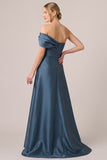 Black One Shoulder Satin Ruched A Line Formal Dress