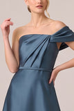Black One Shoulder Satin Ruched A Line Formal Dress
